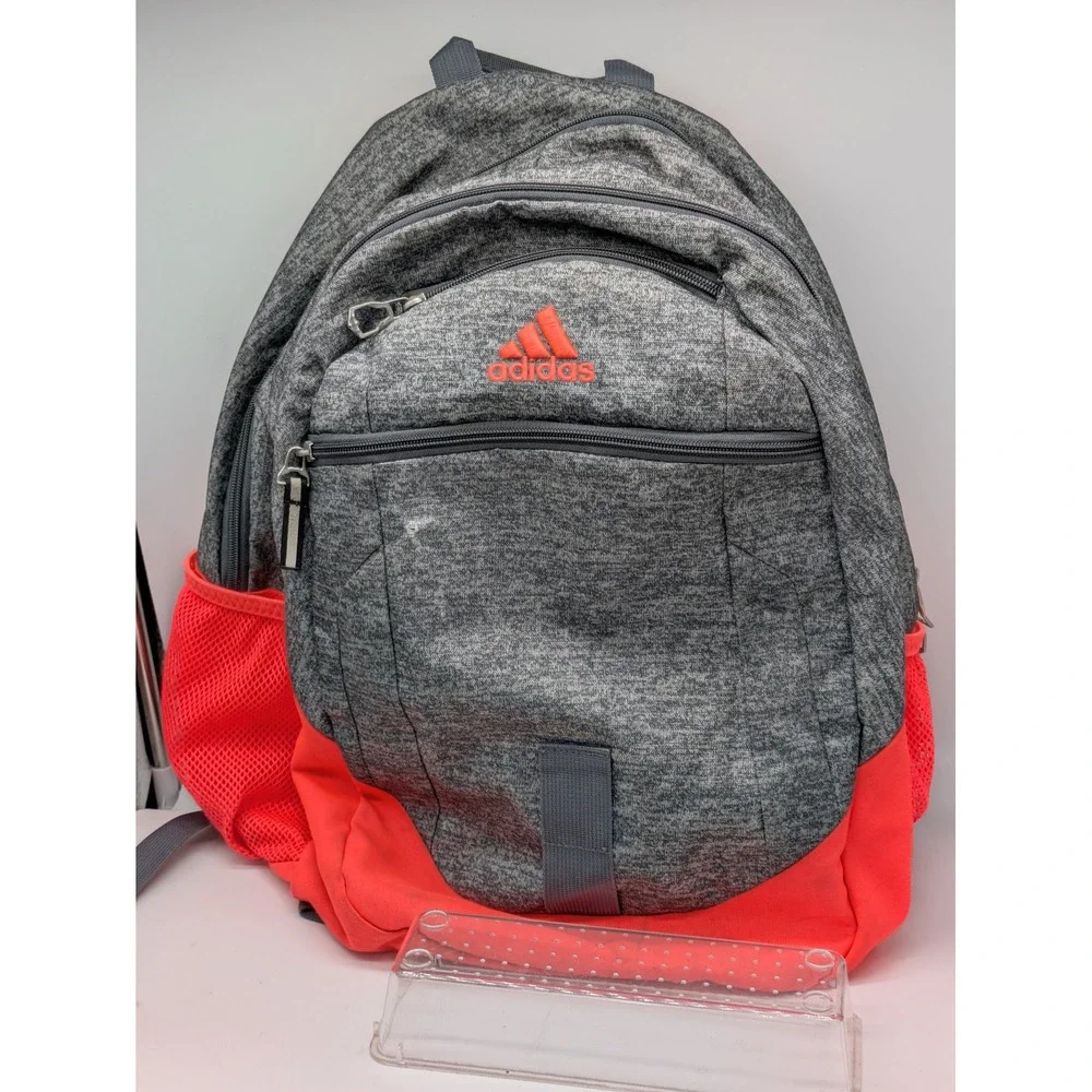 Adidas Backpack Gray Heather Red Multi Pocket School Gym Travel Bag 20x15